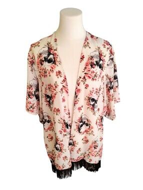 Vintage Hot Topic Skull White Black Pink Silky Shawl With Fringe Size Small